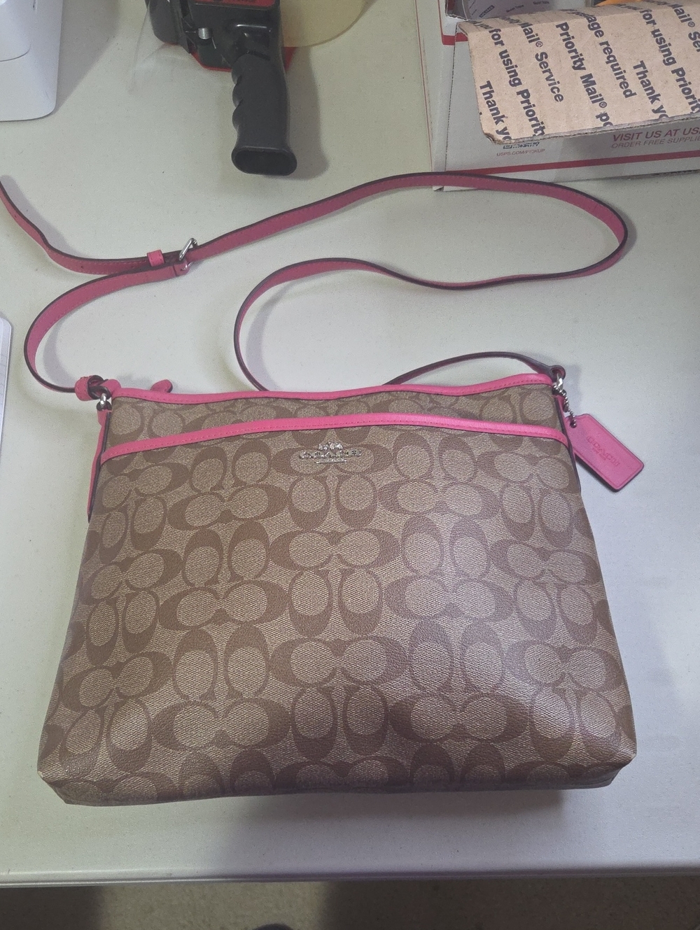 Coach Brown Signature Crossbody with Pink Trim